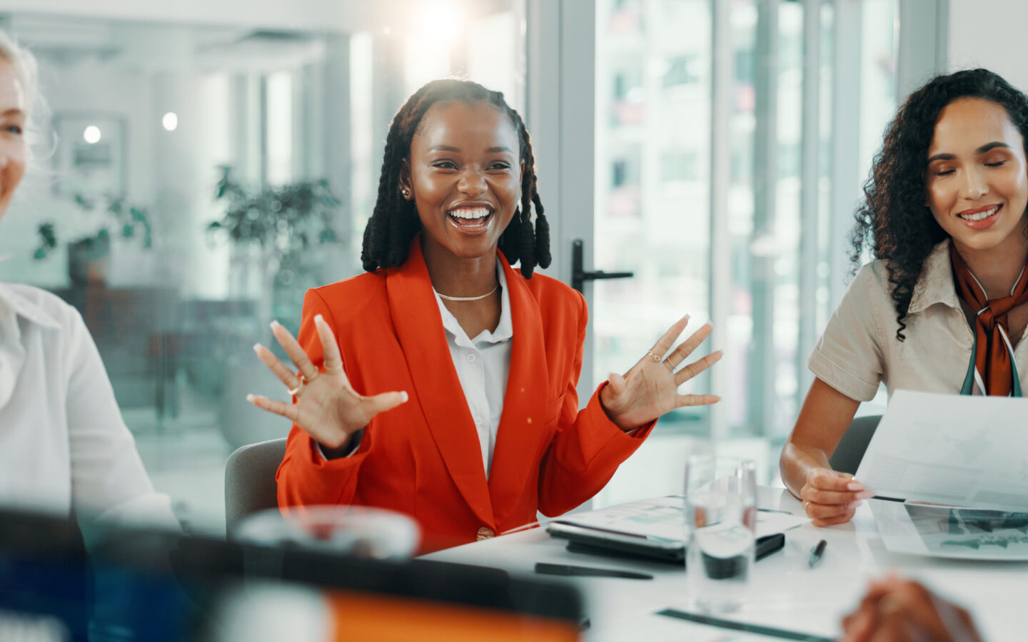Interview, meeting and onboarding with business women in boardroom of office for hiring or job opportunity. Discussion, negotiation and smile with happy employee team at work for candidate review.
