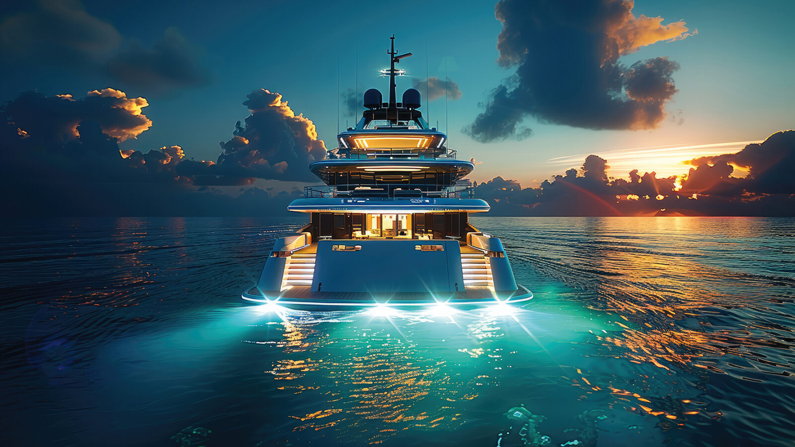 A party in a luxurious yacht at night with a concert on the boat, there is some visual effects blue and green. Generative AI.