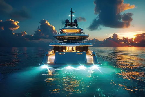 A party in a luxurious yacht at night with a concert on the boat, there is some visual effects blue and green. Generative AI.