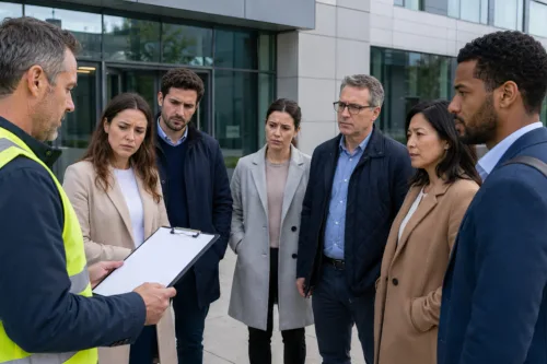 Group of concerned employees listening to safety officer with checklist during emergency building evacuation drill. Professional team meeting at office exterior. Workplace safety protocol.