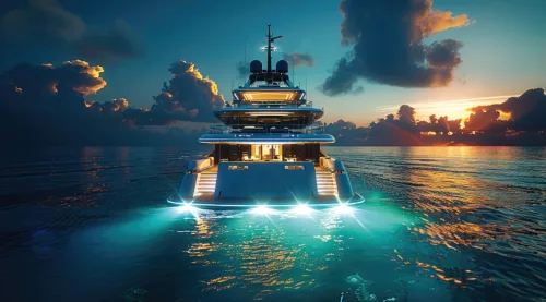 A party in a luxurious yacht at night with a concert on the boat, there is some visual effects blue and green. Generative AI.