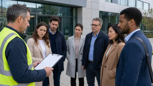 Group of concerned employees listening to safety officer with checklist during emergency building evacuation drill. Professional team meeting at office exterior. Workplace safety protocol.